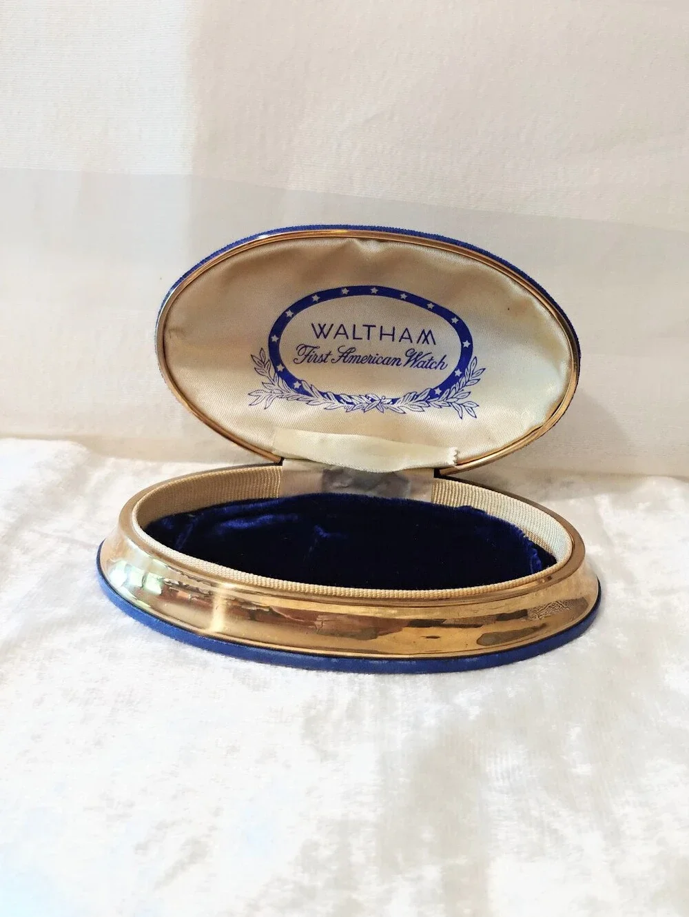 Waltham Blue Velvet Lined Gold Tone Jewelry Watch Presentation Box Case